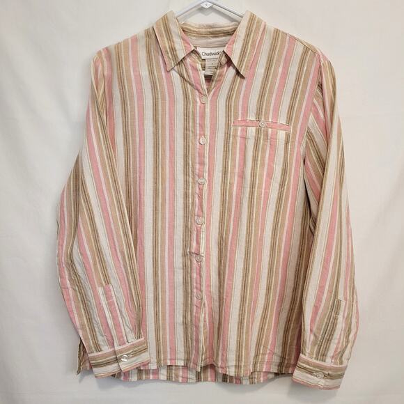Chadwick's Vintage Tan & Pink Striped Long Sleeve Linen Women's Shirt Size 8 - Picture 1 of 8
